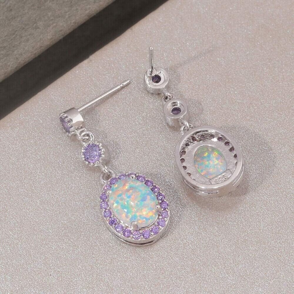 Fire Opal Amethyst Dangle Drop Earrings 18K White Gold/Rose Gold Plated Opal Jew - Picture 5 of 6